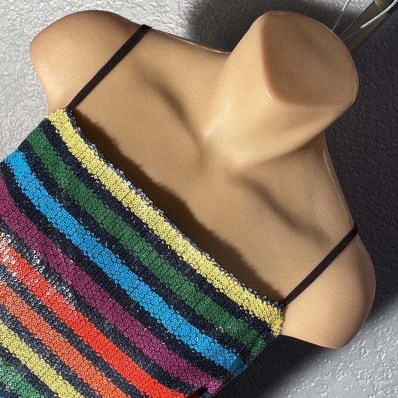 WAYF - NWT - dress: 🌈 striped sequin overlay mini w adj. straps, blk lining - L - Picture 9 of 16